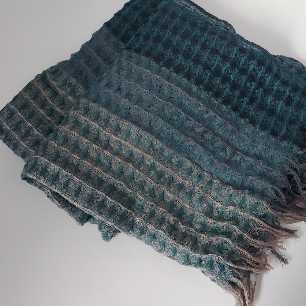 NWT * Long Ombre Waffle Knit Scarf w/ Fringe Teal & Cream Tones Bohemian Chic